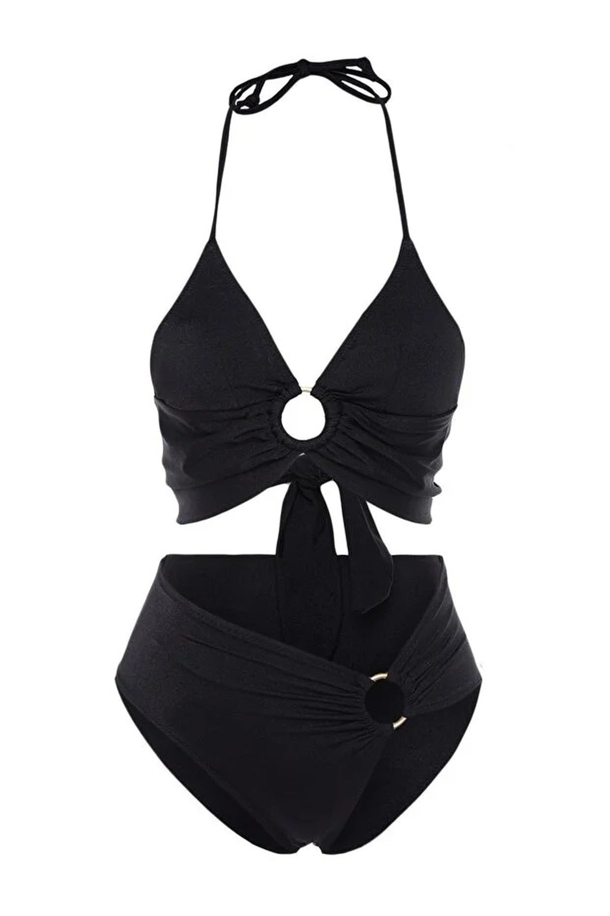 Black Halterneck Ring Detail Ruched Bikini Set, Image 2 of 4