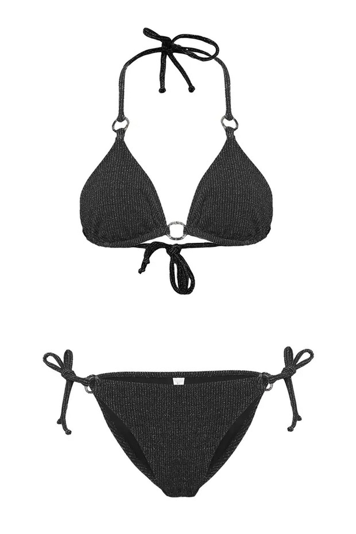 Black Textured Triangle Bikini Set with Ring Detail and Tie Side Bottom, Image 2 of 4