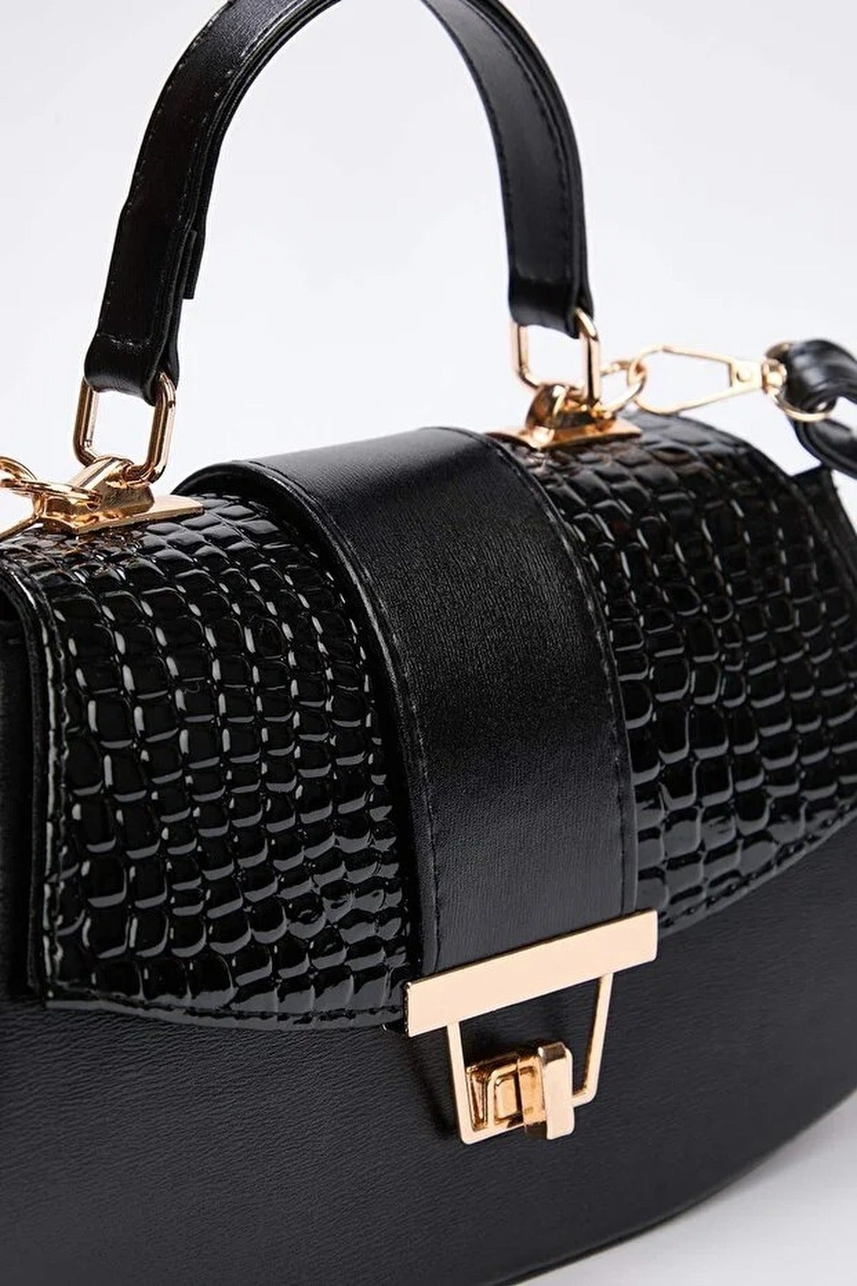 Black Women's Faux Suede Panel Mini Grab Bag with Push Lock Closure, Image 2 of 3