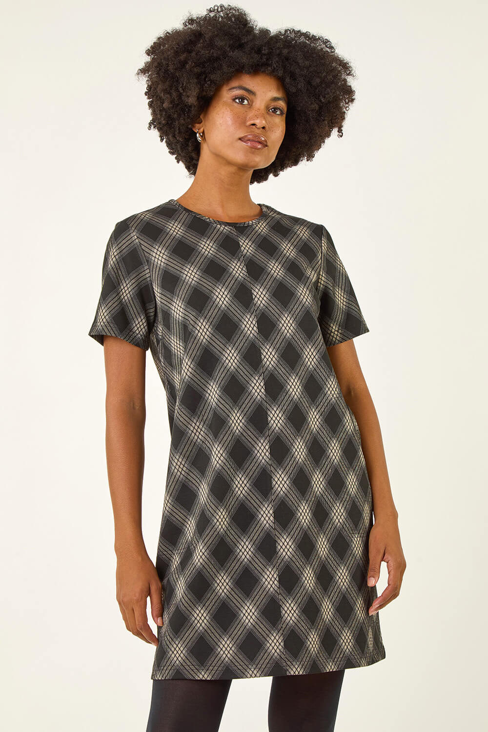 Roman Women's Grey Check Print T-Shirt Stretch Dress Size 12