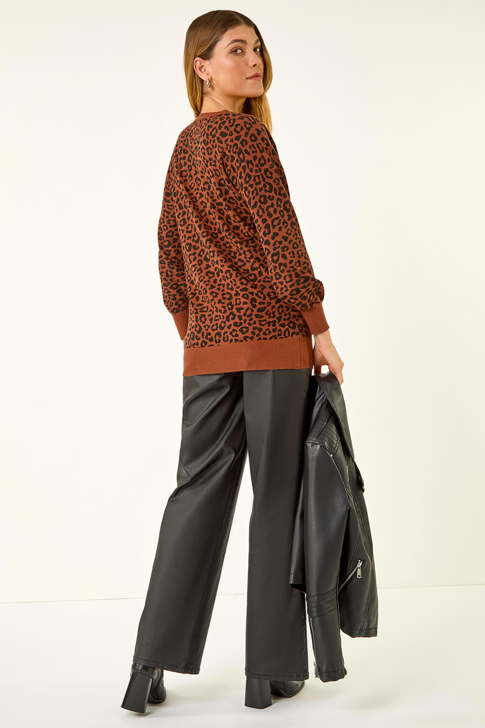 Brown Animal Print V-Neck Boyfriend Jumper, Image 4 of 5