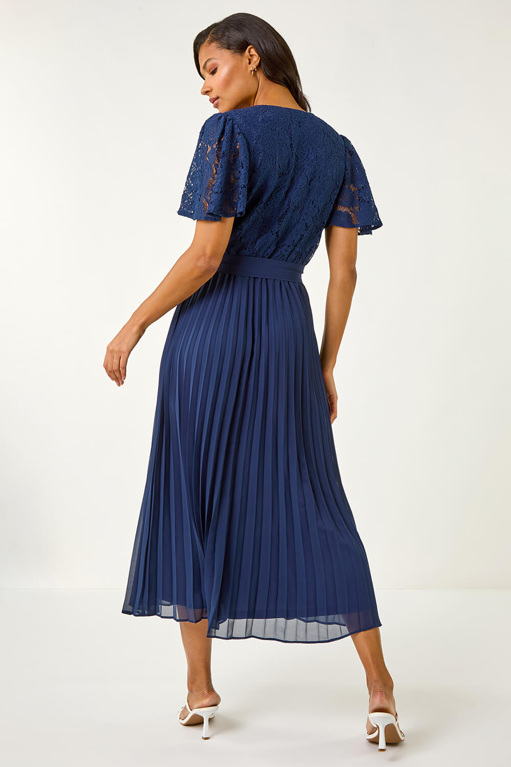 Navy Lace Detail Wrap Midi Dress, Image 4 of 5