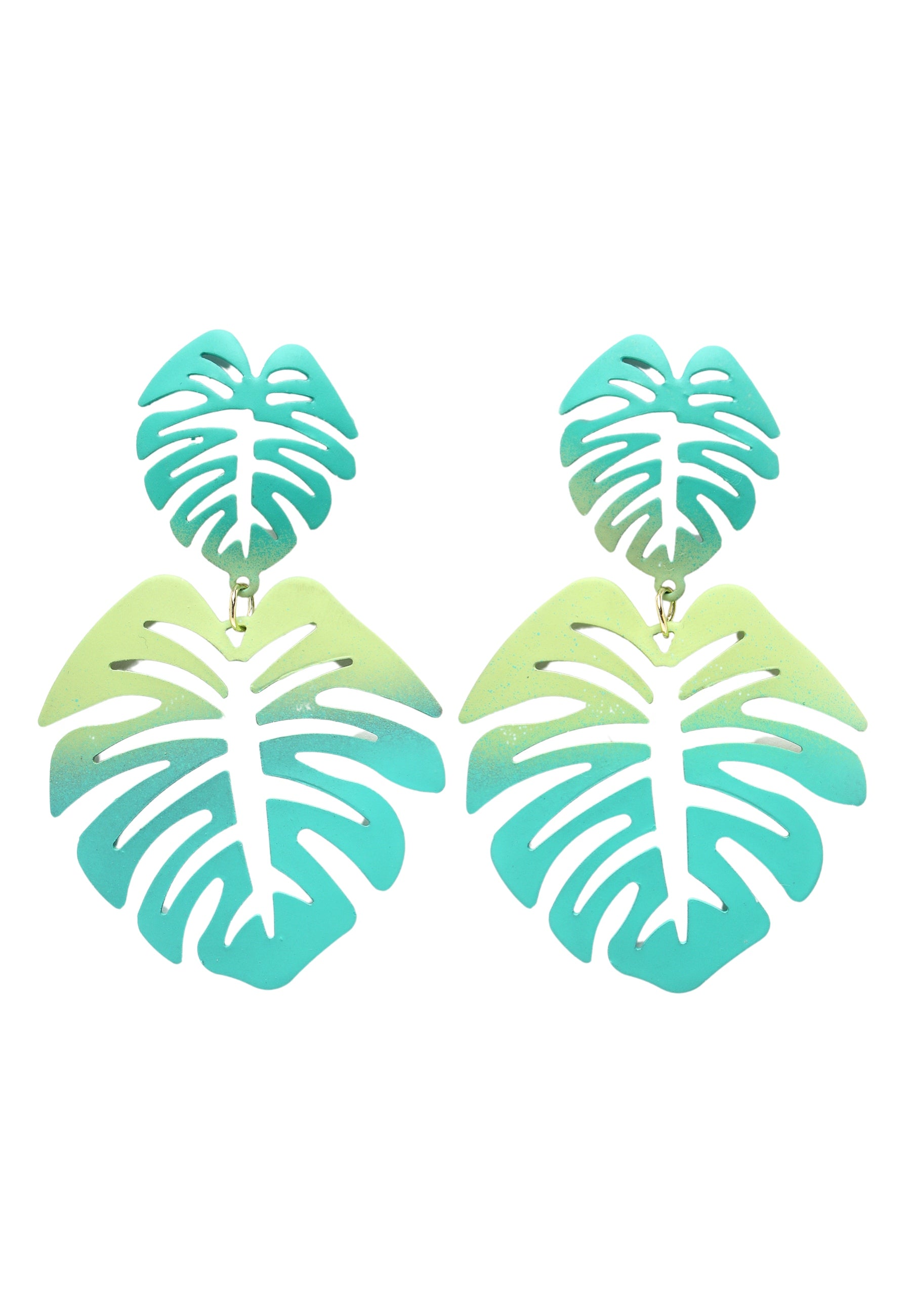 Purple Green Palm Leaf Dangle Earrings