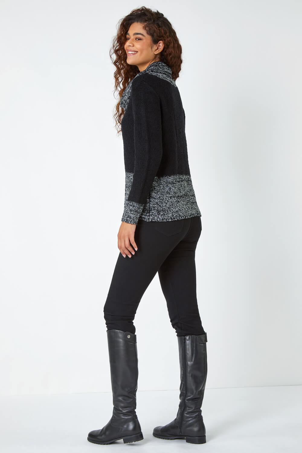Black Contrast Cowl Neck Longline Jumper, Image 4 of 5