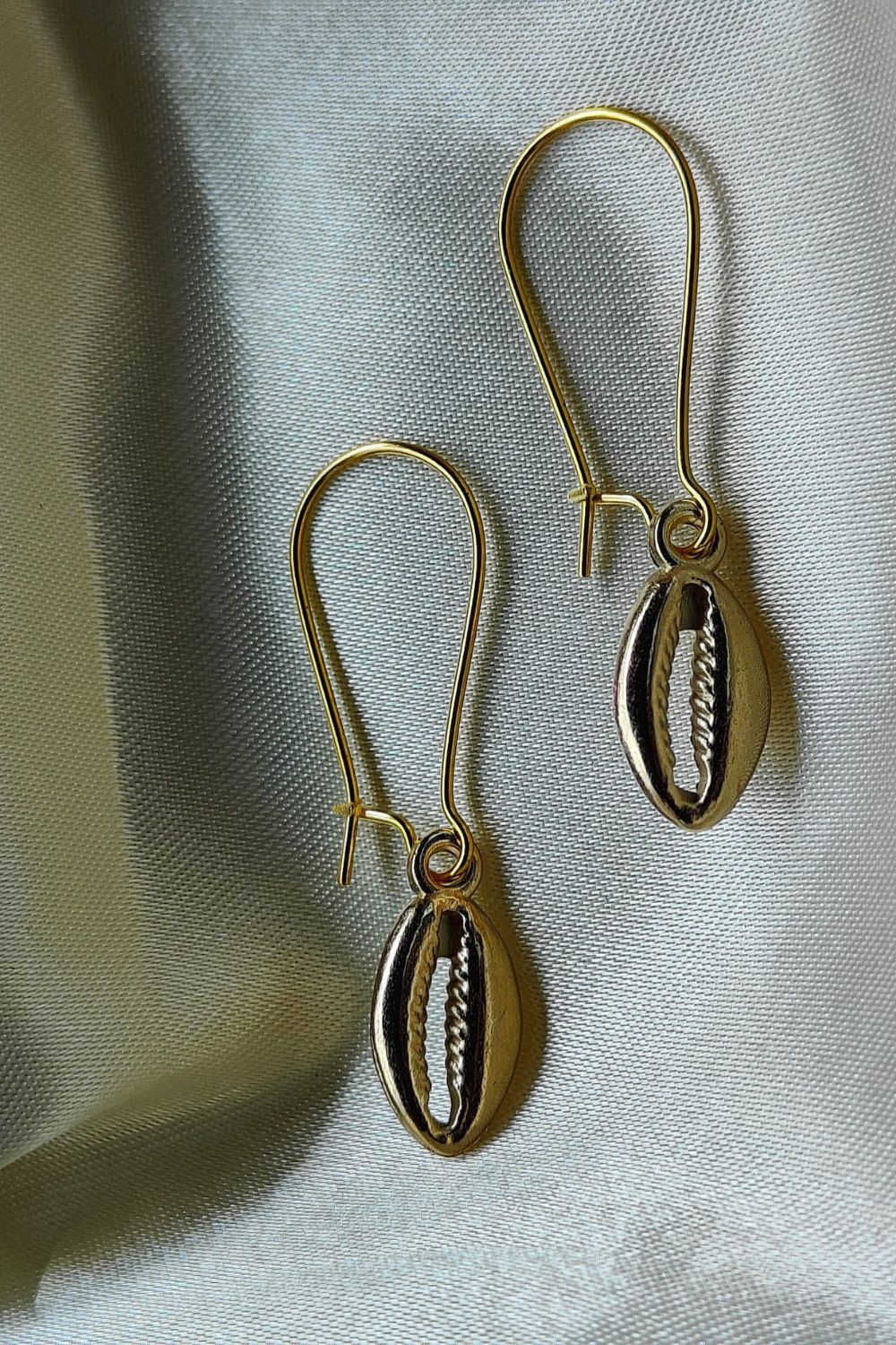 Gold Cowrie Dangle Earrings with Zircon - Boho Silver, Gold, Image 2 of 2