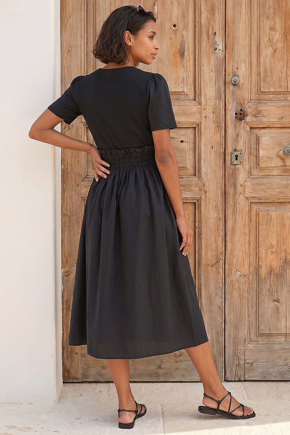 Black Dusk Shirred Waist Midi Dress, Image 4 of 4