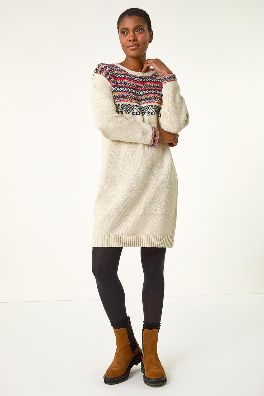Ivory Nordic Pattern Knitted Shift Dress, Image 3 of 5