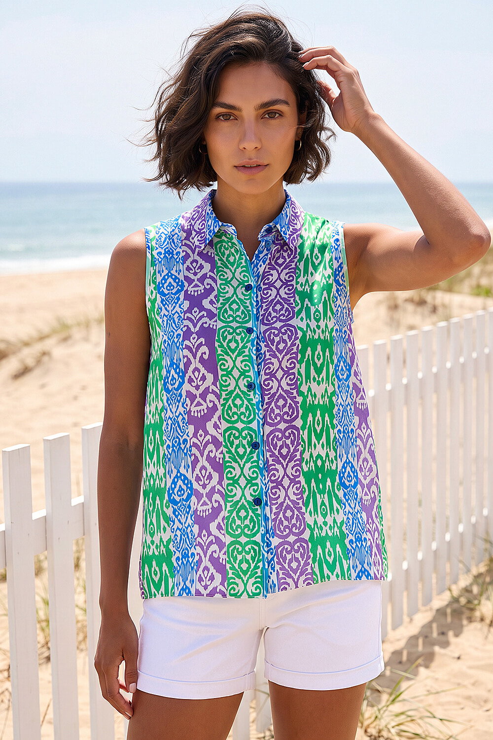 Blue Ikat Print Button Up Blouse, Image 1 of 4