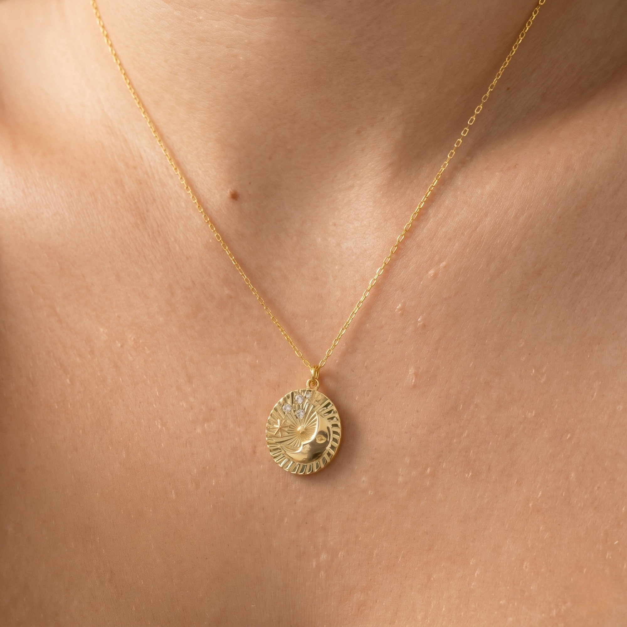 Gold Moon Embossed Silhouette Sterling Silver Medal Necklace, Image 3 of 3