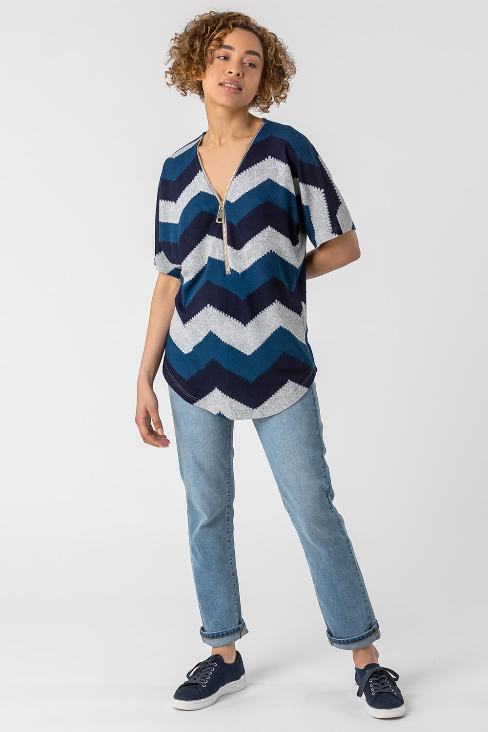 Zip Front Zig Zag Top in Blue - Roman Originals UK
