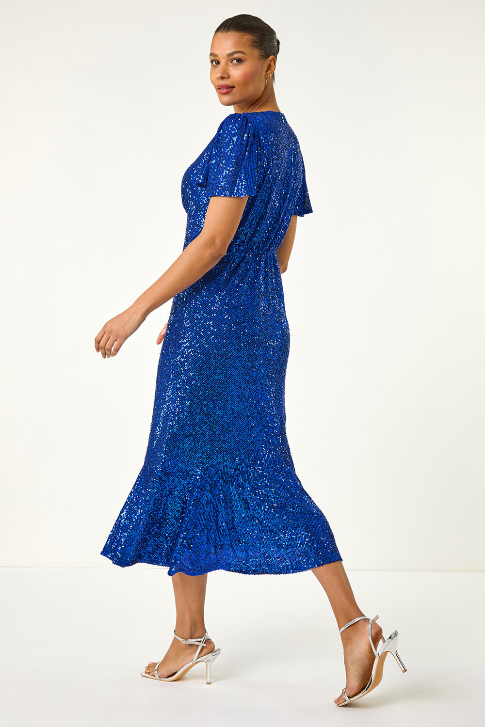Royal Blue Sequin V-Neck Stretch Midi Dress , Image 1 of 5