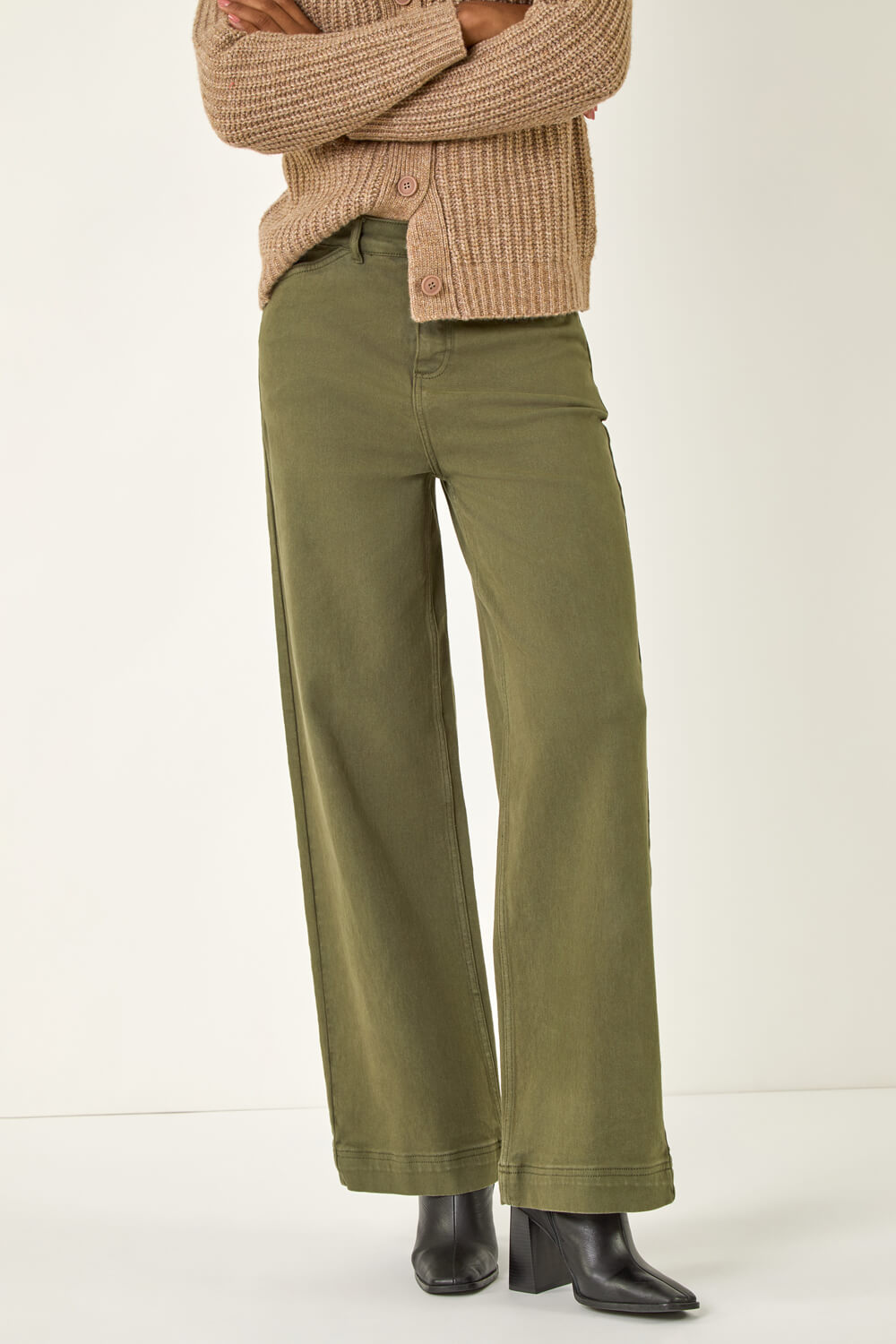 Roman Women's Khaki Cotton Blend Wide Leg Stretch Jeans Size 18