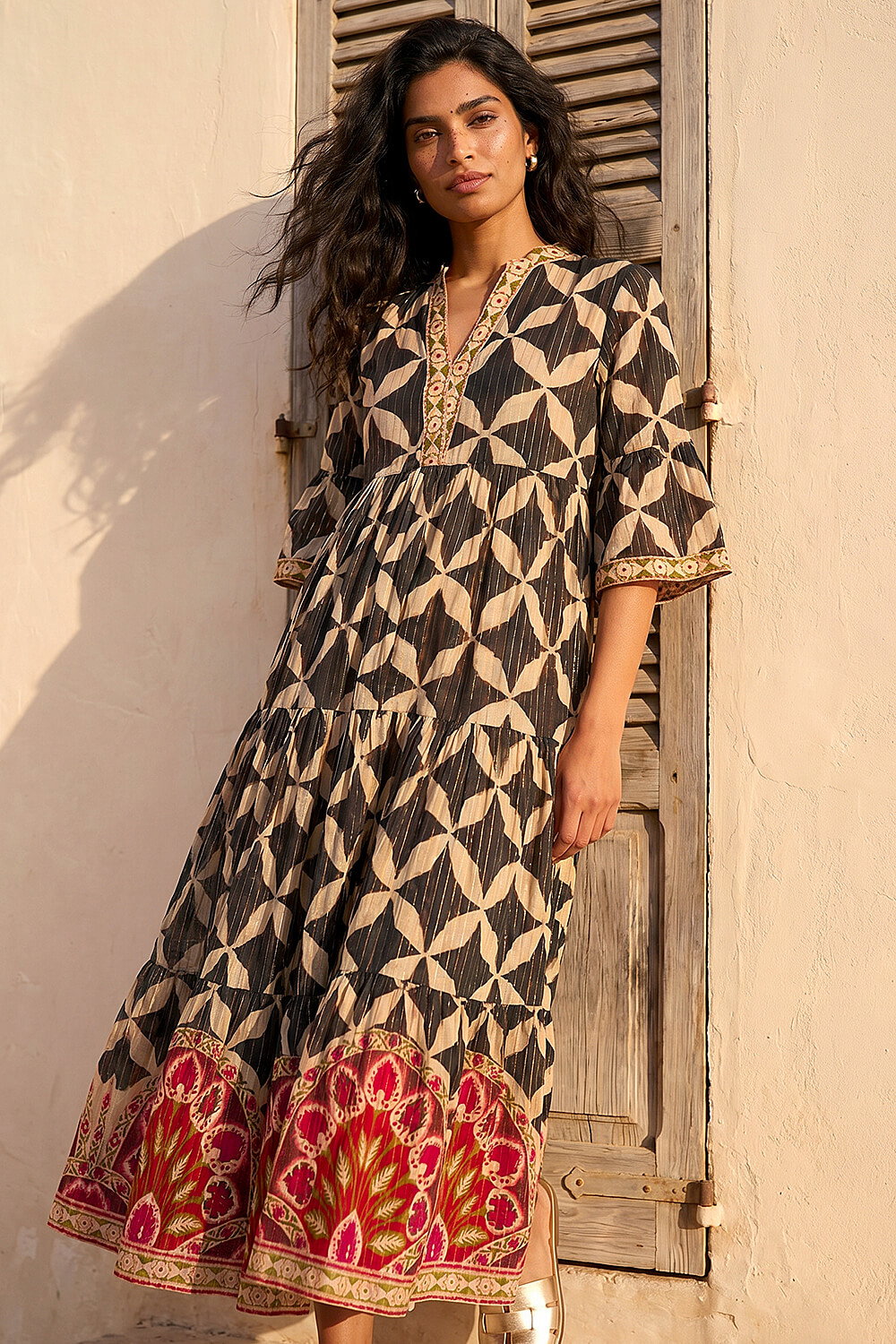 Black Abstract Print Boho Maxi Dress , Image 1 of 4