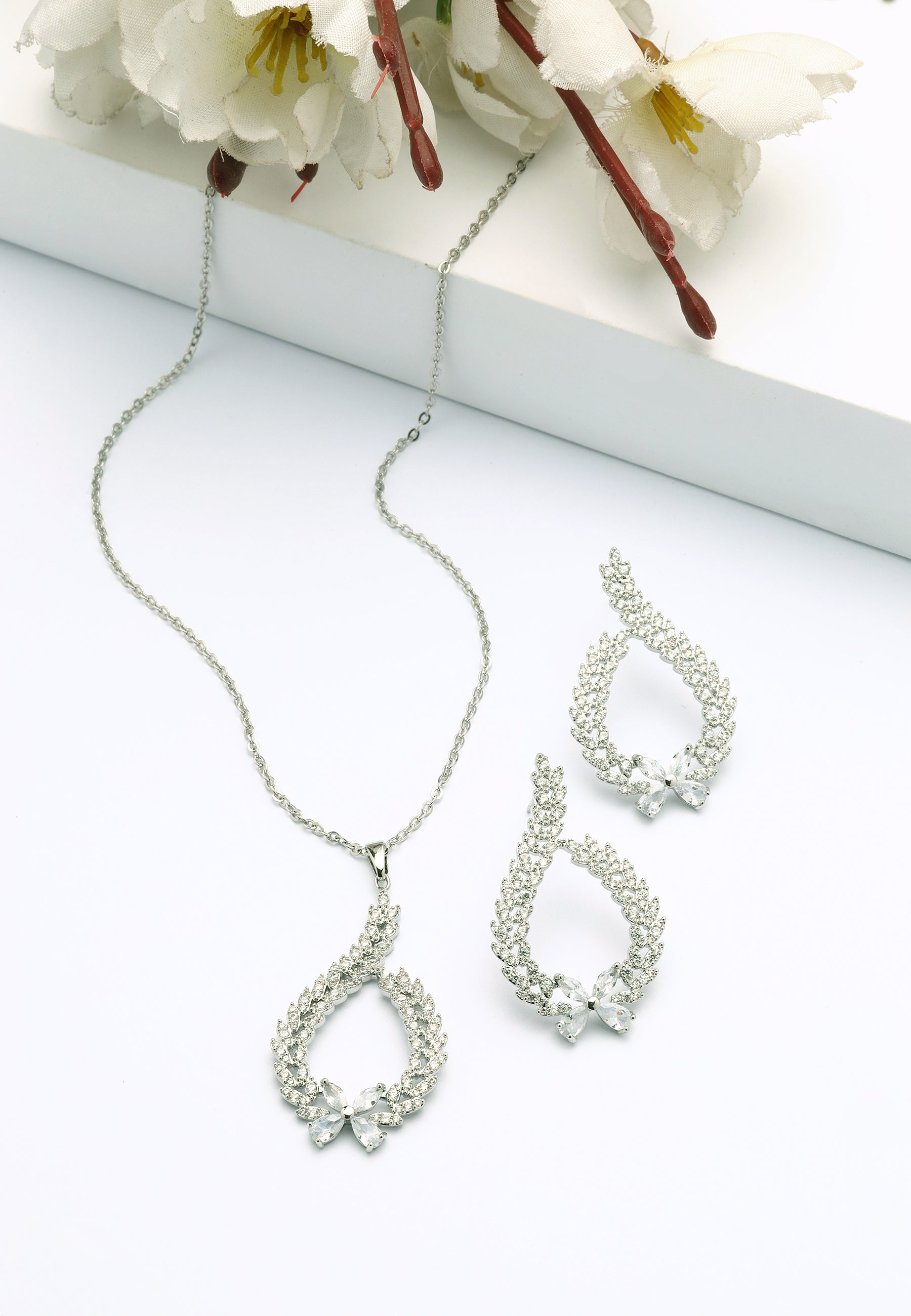 Silver Ethereal Bow-shaped Earrings and Necklace set, Image 2 of 7