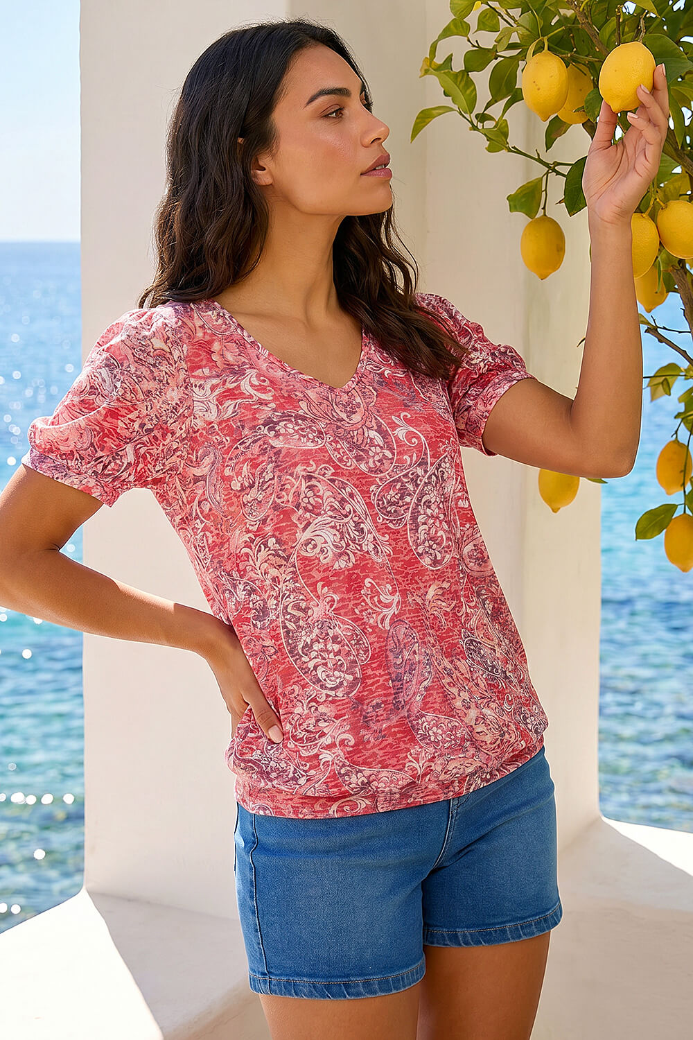 Red Paisley Burnout Blouson Top, Image 1 of 4