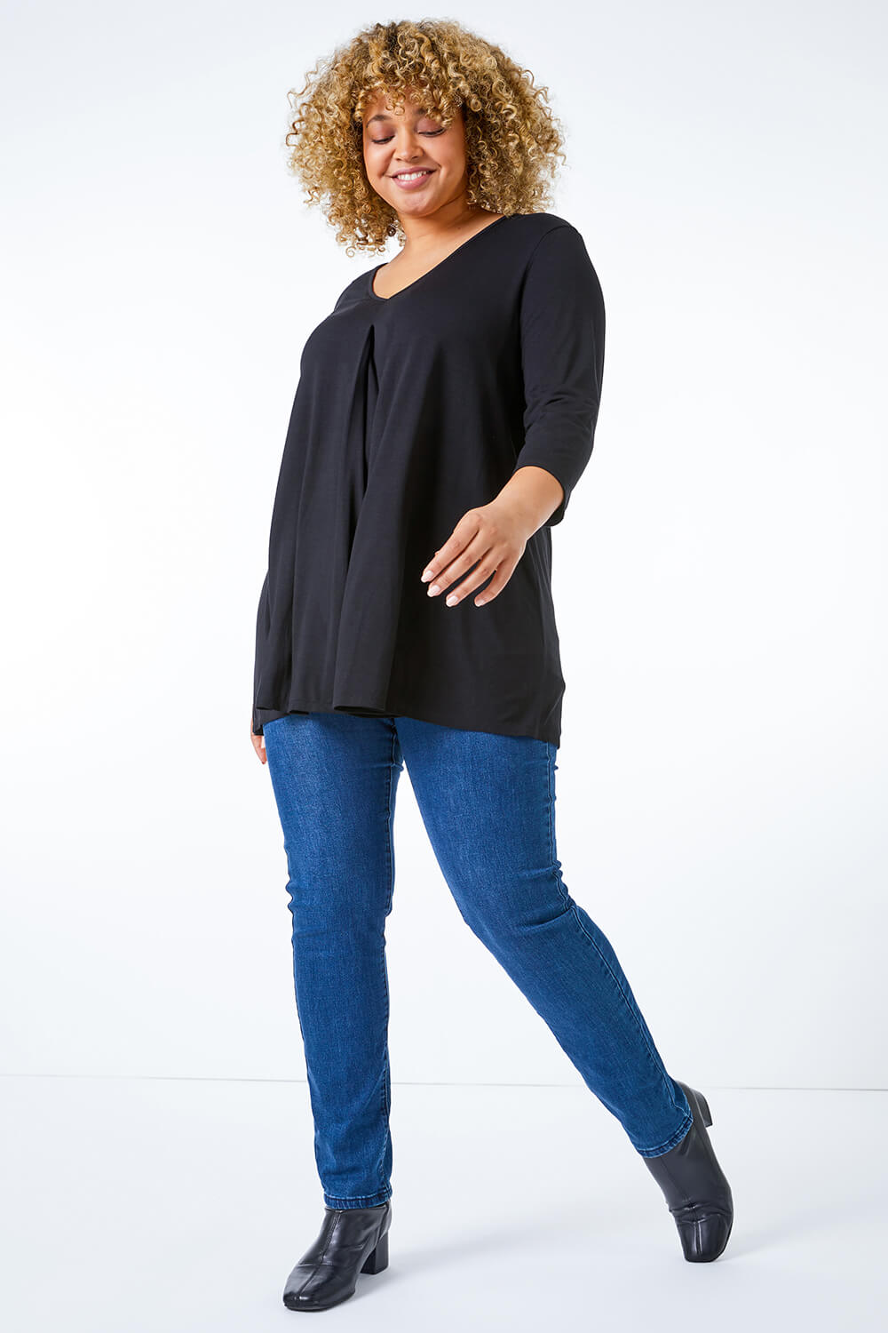 Black Curve Pleat Front Stretch Top, Image 3 of 5