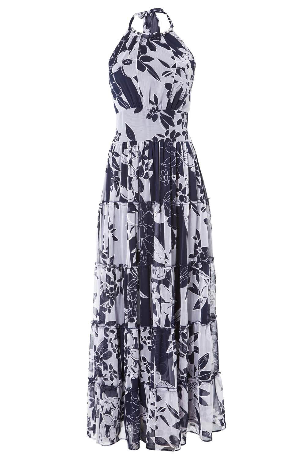 Navy Patchwork Floral Print Halterneck Maxi Dress, Image 5 of 4