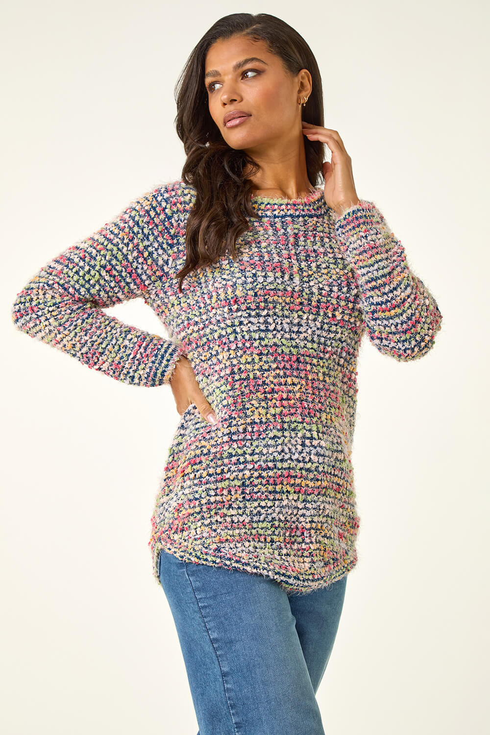 Blue Fluffy Striped Curve Hem Jumper, Image 5 of 5