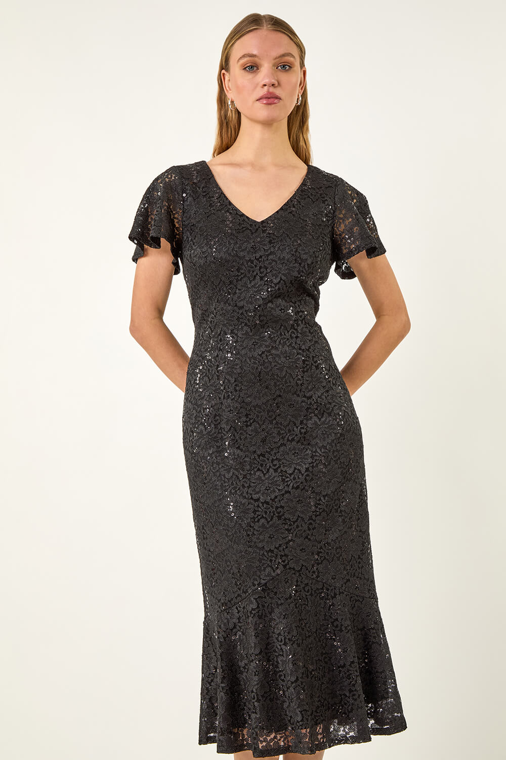 Black Sequin Lace Ruffle Midi Dress, Image 1 of 5