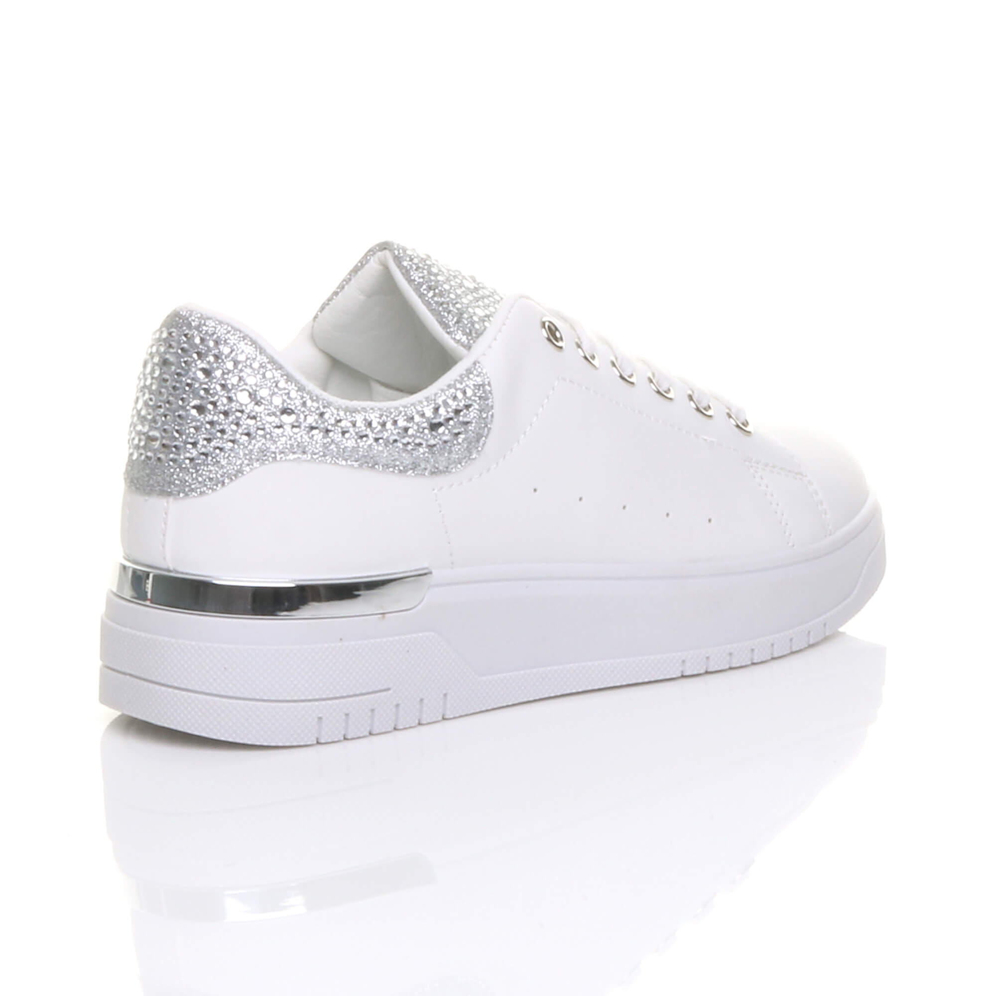 White AJVANI White Flat Chunky Diamante Sparkly Trainers, Image 4 of 6