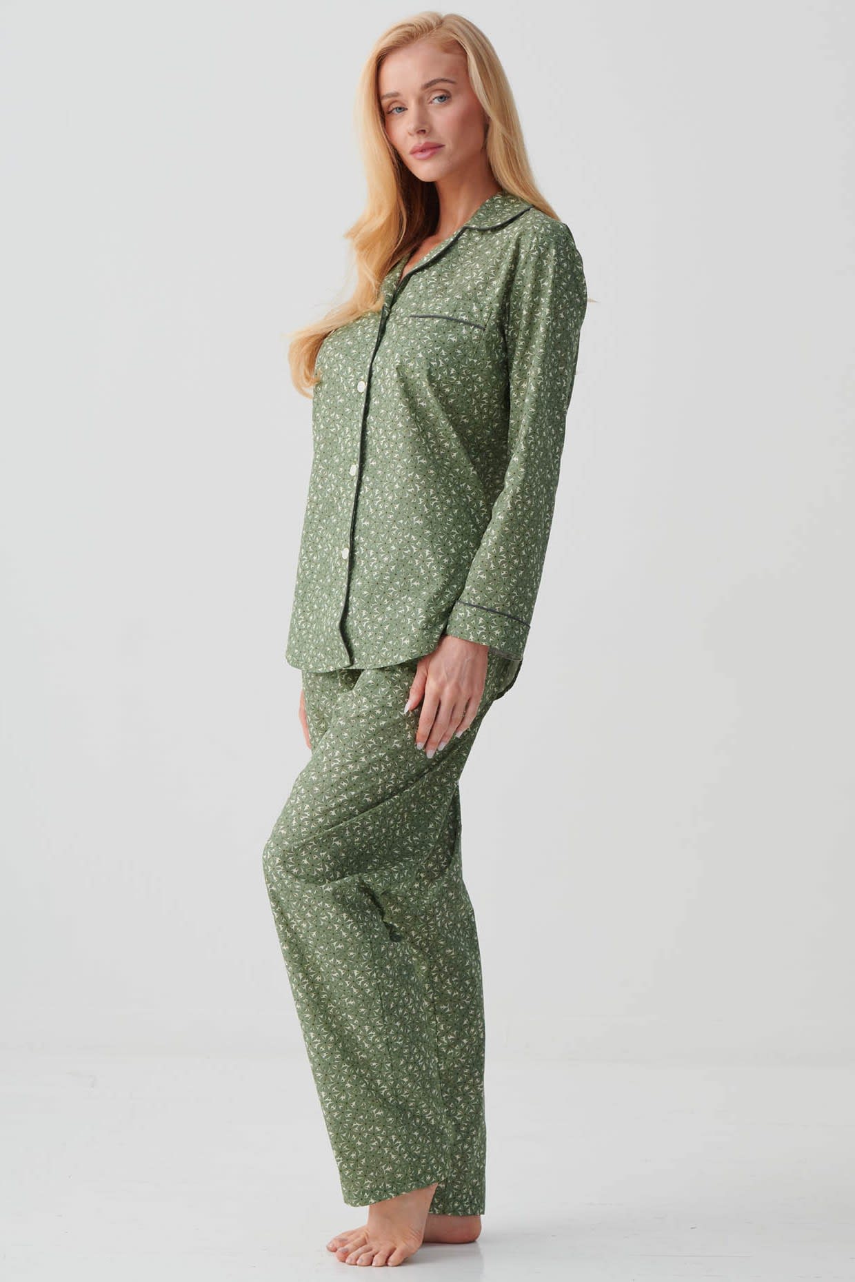 Pale Green "Shrub Sage" Flower Crisp Cotton Pyjama Set, Image 2 of 3
