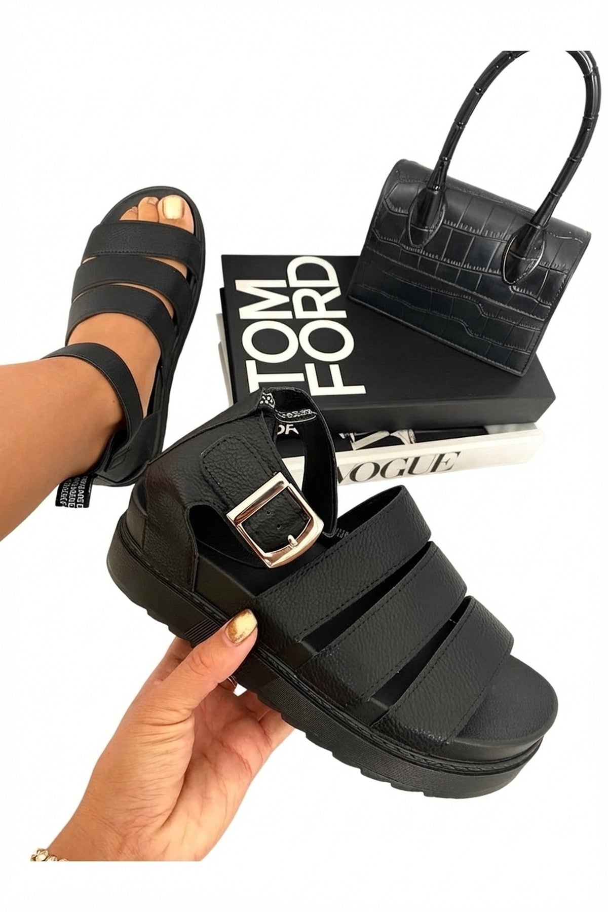 Black iKrush Black Callie Strappy Gladiator Chunky Sandals, Image 2 of 8