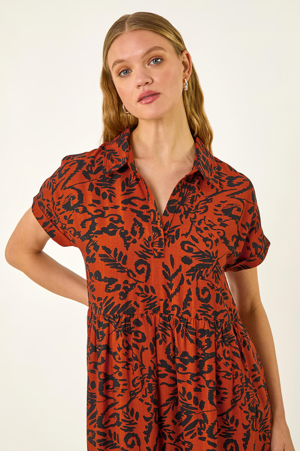 Rust Leaf Print Collared Smock Dress, Image 5 of 5