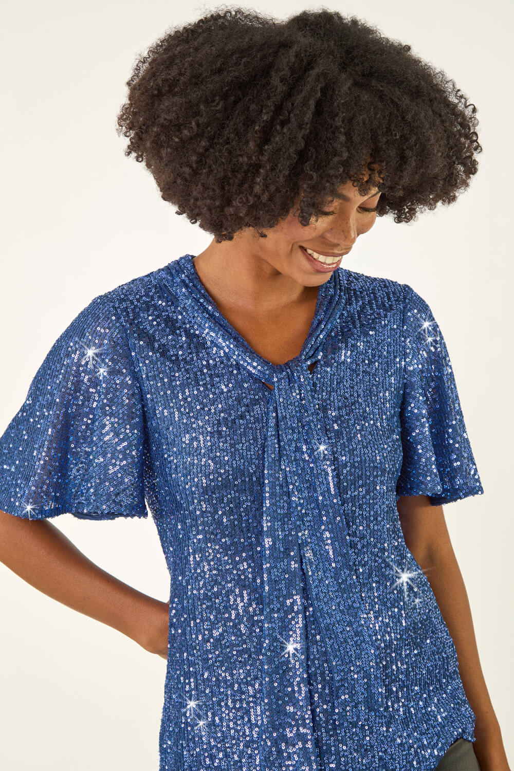 Blue Sequin Tie Neck Top, Image 1 of 5