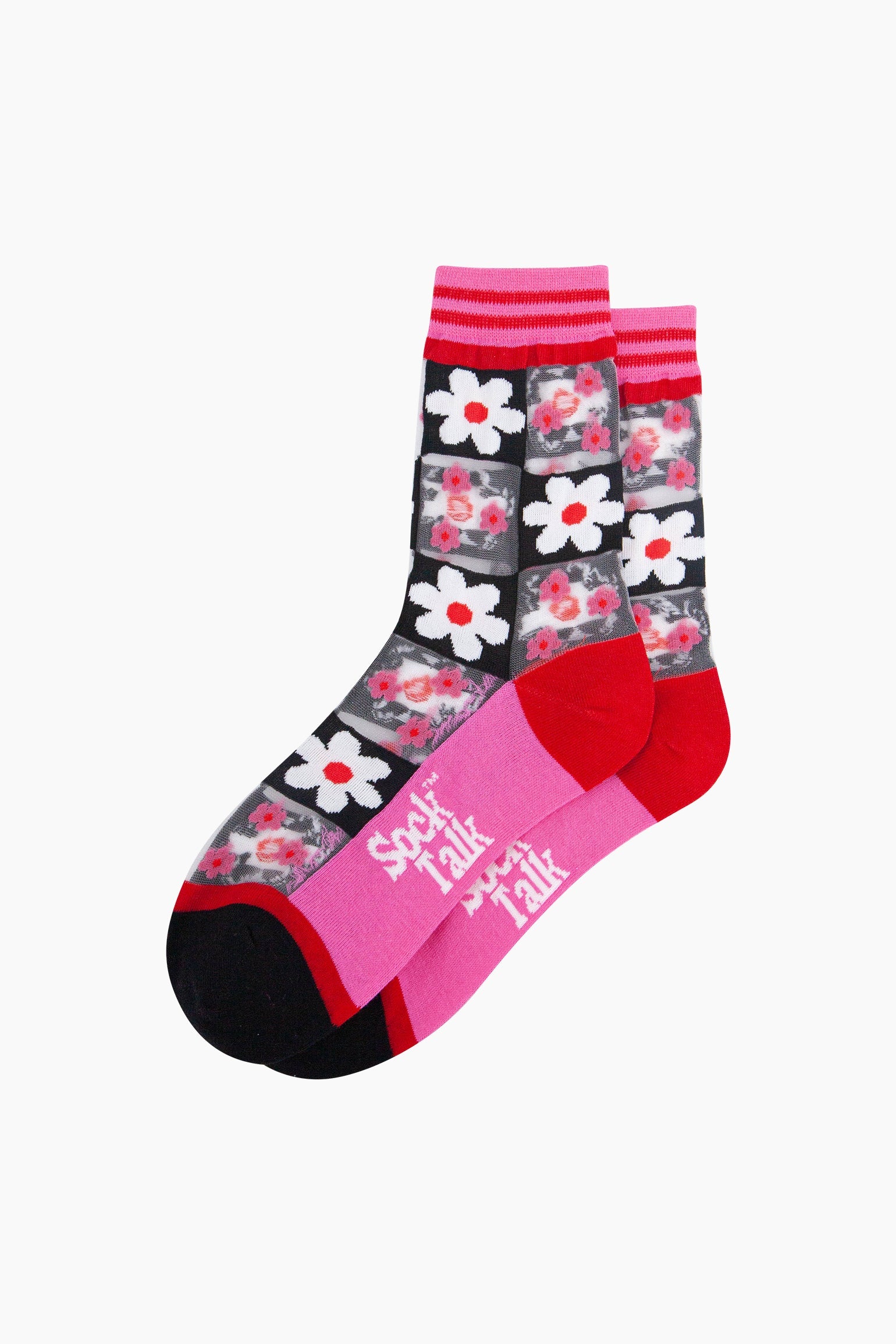 Pink Daisy Checkerboard Combed Cotton Sheer Pop Socks in Pink, Image 3 of 4