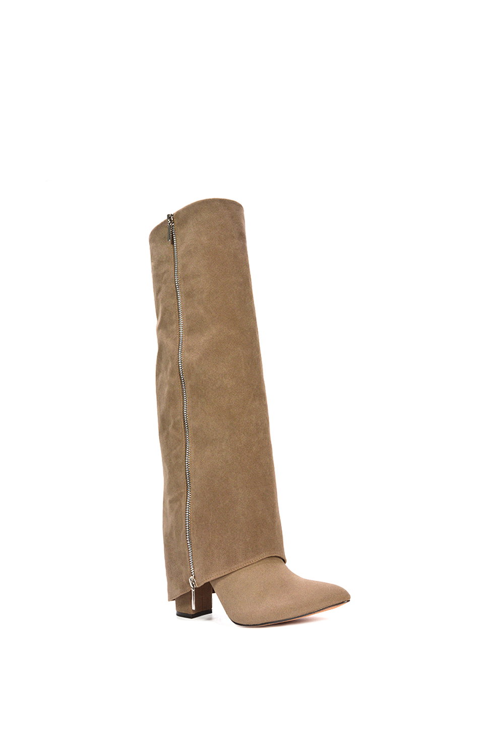 Taupe 'Allie' Knee High Boots Fold Over Point Toe Deco Zip, Image 2 of 6