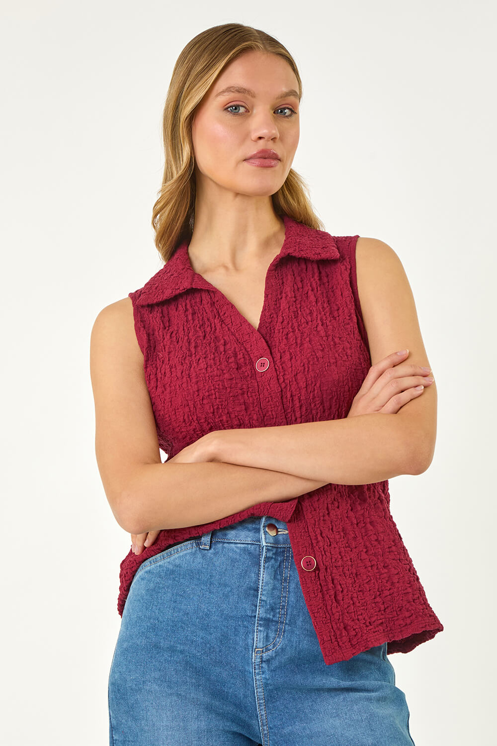 Wine Textured Sleeveless Buttoned Blouse, Image 5 of 7