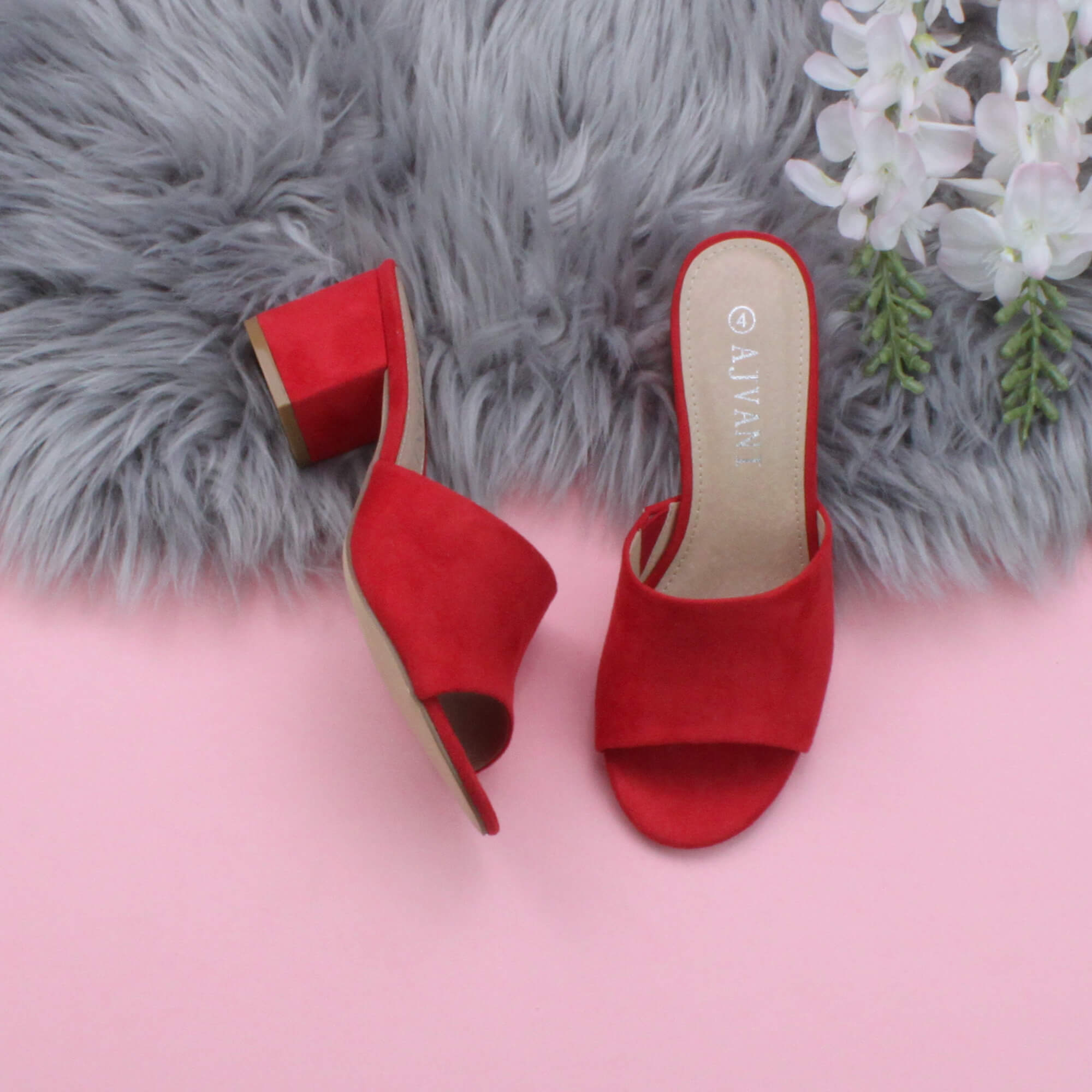 Red AJVANI Red Mid Block Heel Peep Toe Mules Sandals, Image 4 of 6