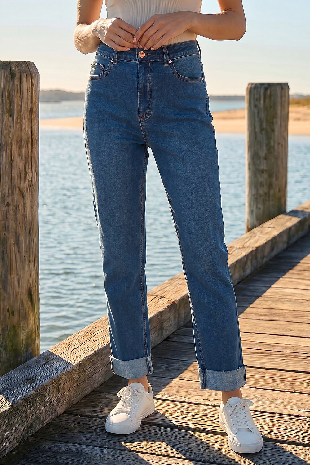 Indigo Petite Turn Up Pocket Jeans, Image 1 of 4