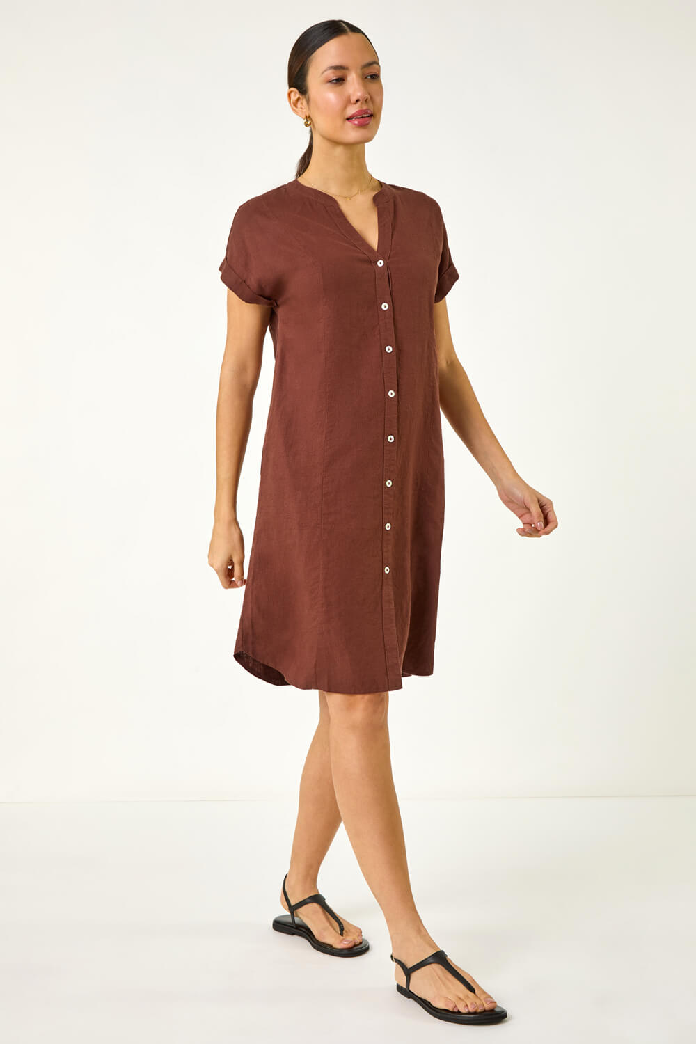 Chocolate Linen Blend Shift Dress, Image 3 of 5