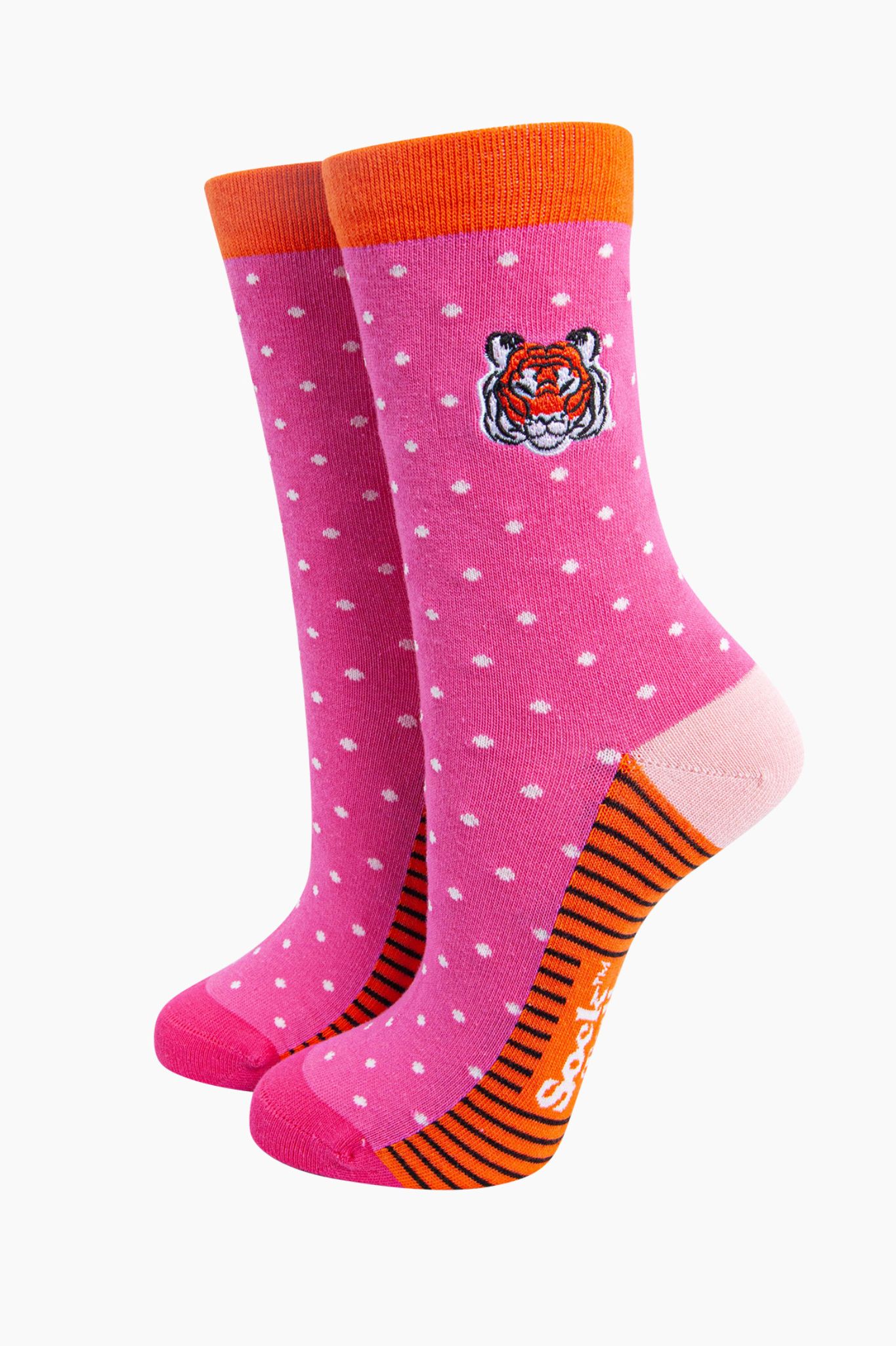 Pink Embroidered Tiger Combed Cotton Socks, Image 1 of 4