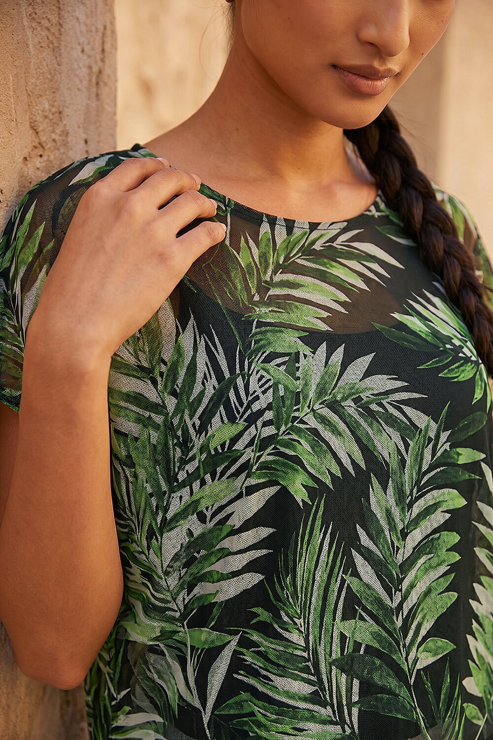 Green Palm Print Mesh Overlay Top, Image 5 of 4