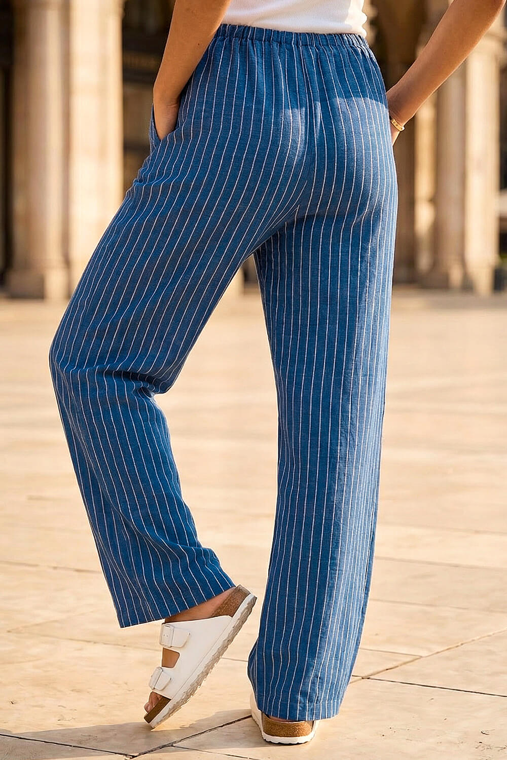 Blue Petite Stripe Pull On Stretch Trouser, Image 4 of 4