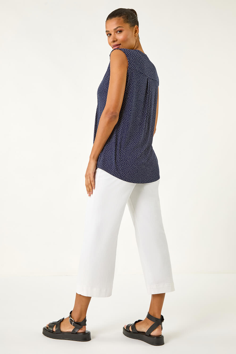 Navy Polka Dot Print Pintuck Vest, Image 4 of 5