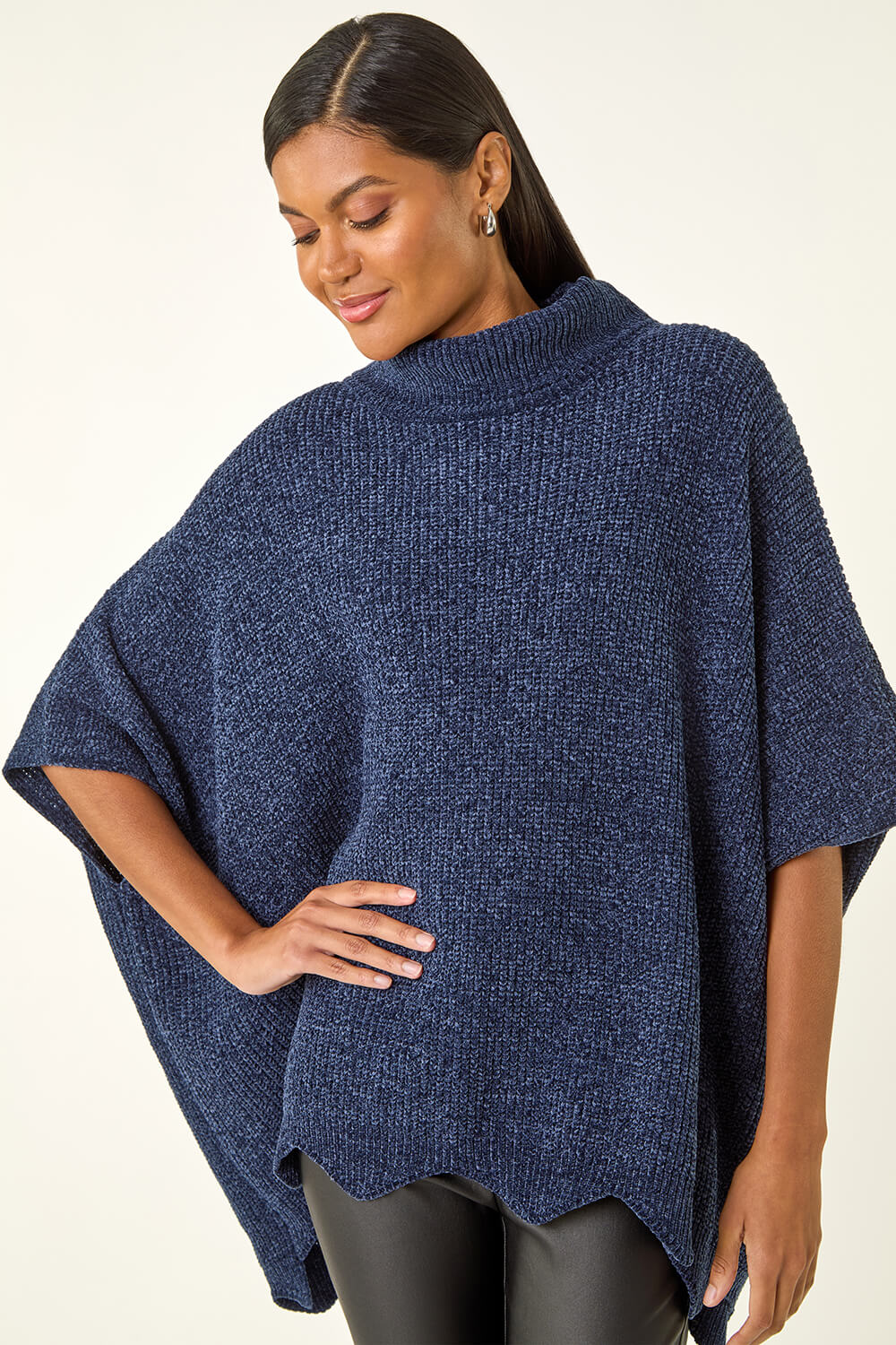 Navy  Chenille Roll Neck Oversized Knit Tunic, Image 1 of 5
