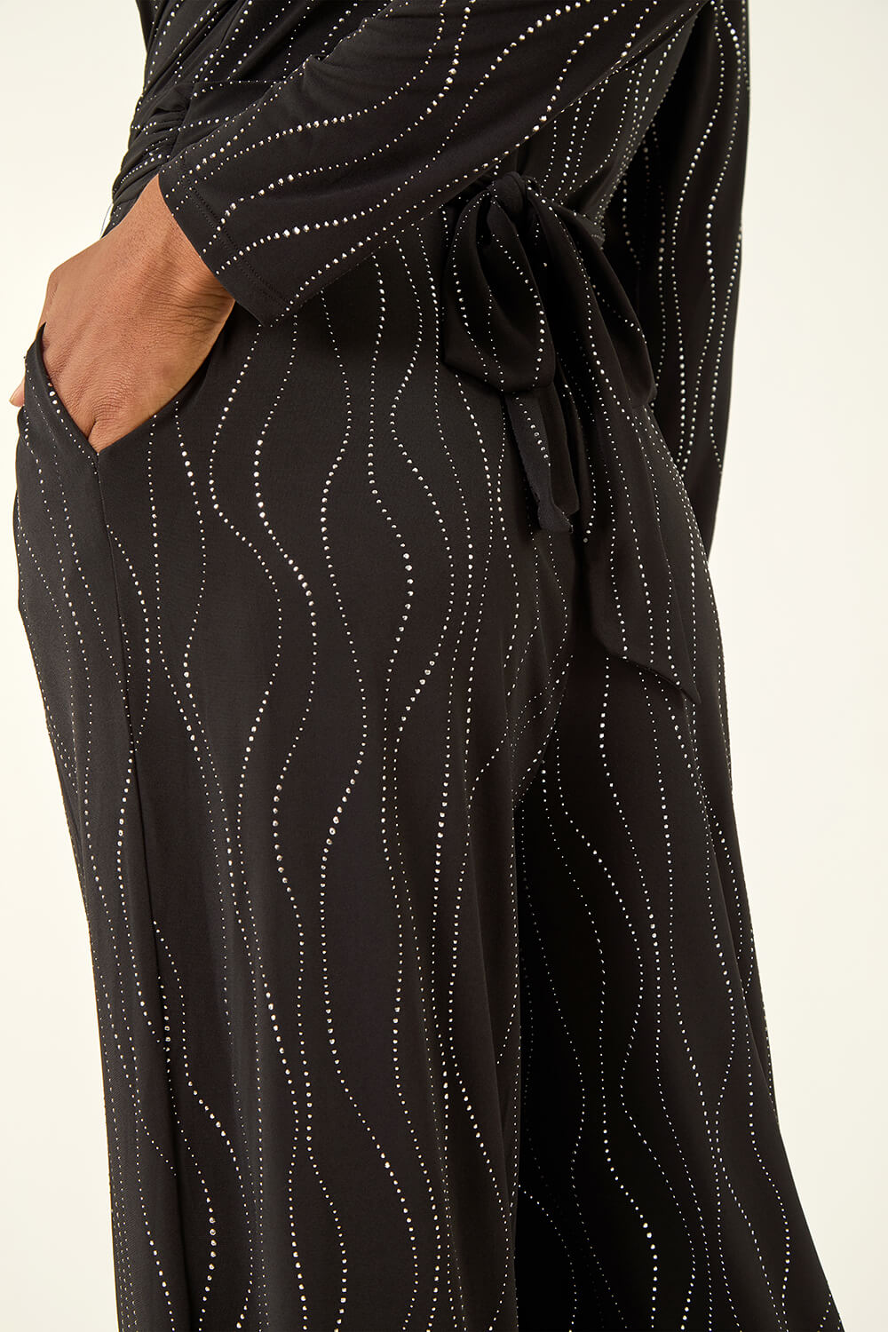 Black Embellished Wide Leg Stretch Jumpsuit , Image 6 of 5