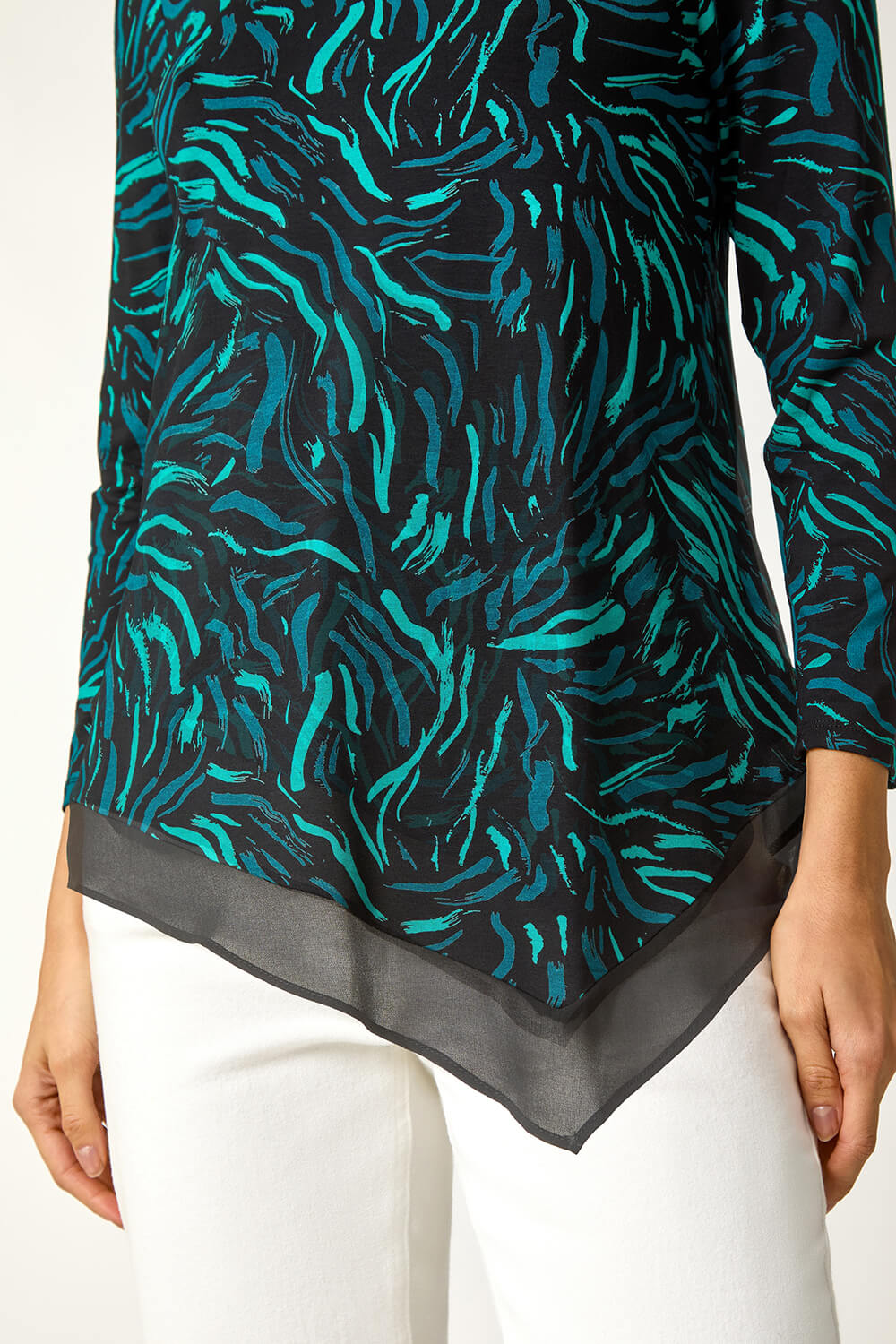 Teal Linear Print Chiffon Hem Stretch Top, Image 6 of 5