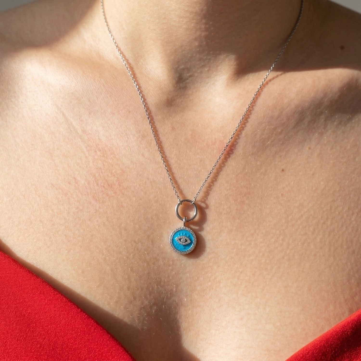 Silver Silver Turquoise Evil Eye Pendant Charm Necklace, Image 2 of 4