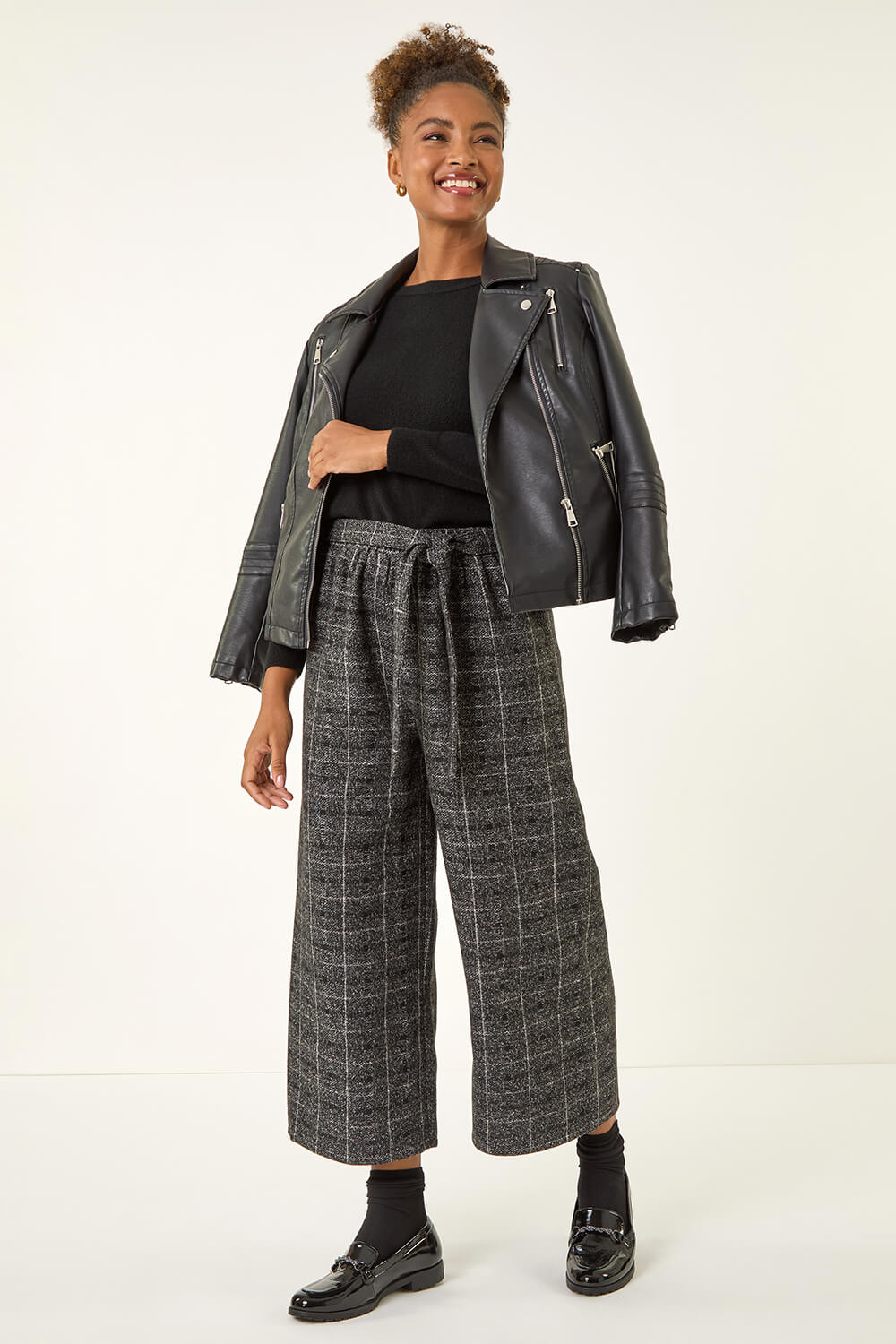 Charcoal Belted Check Culotte Trousers, Image 3 of 5