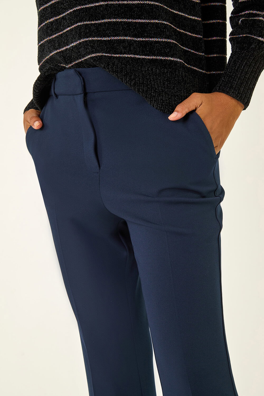 Navy Long Bootcut Stretch Trousers, Image 6 of 5