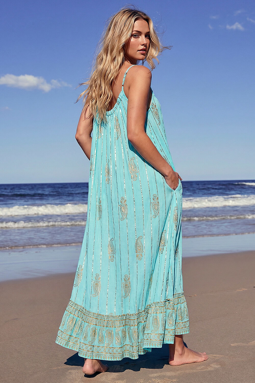 Aqua Dusk Paisley Foil Maxi Dress , Image 4 of 4