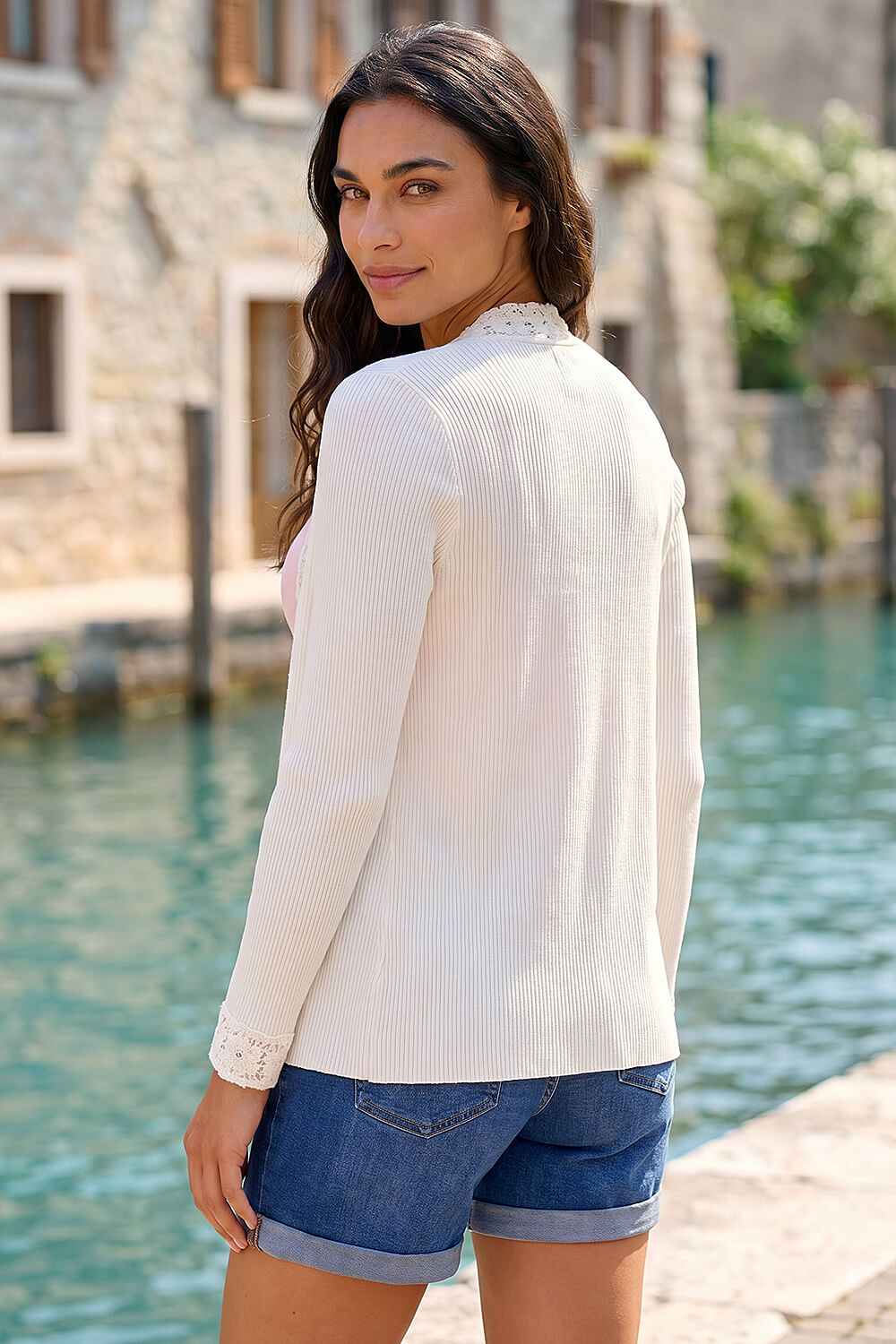 Ivory Crochet Trim Knit Cardigan , Image 4 of 4