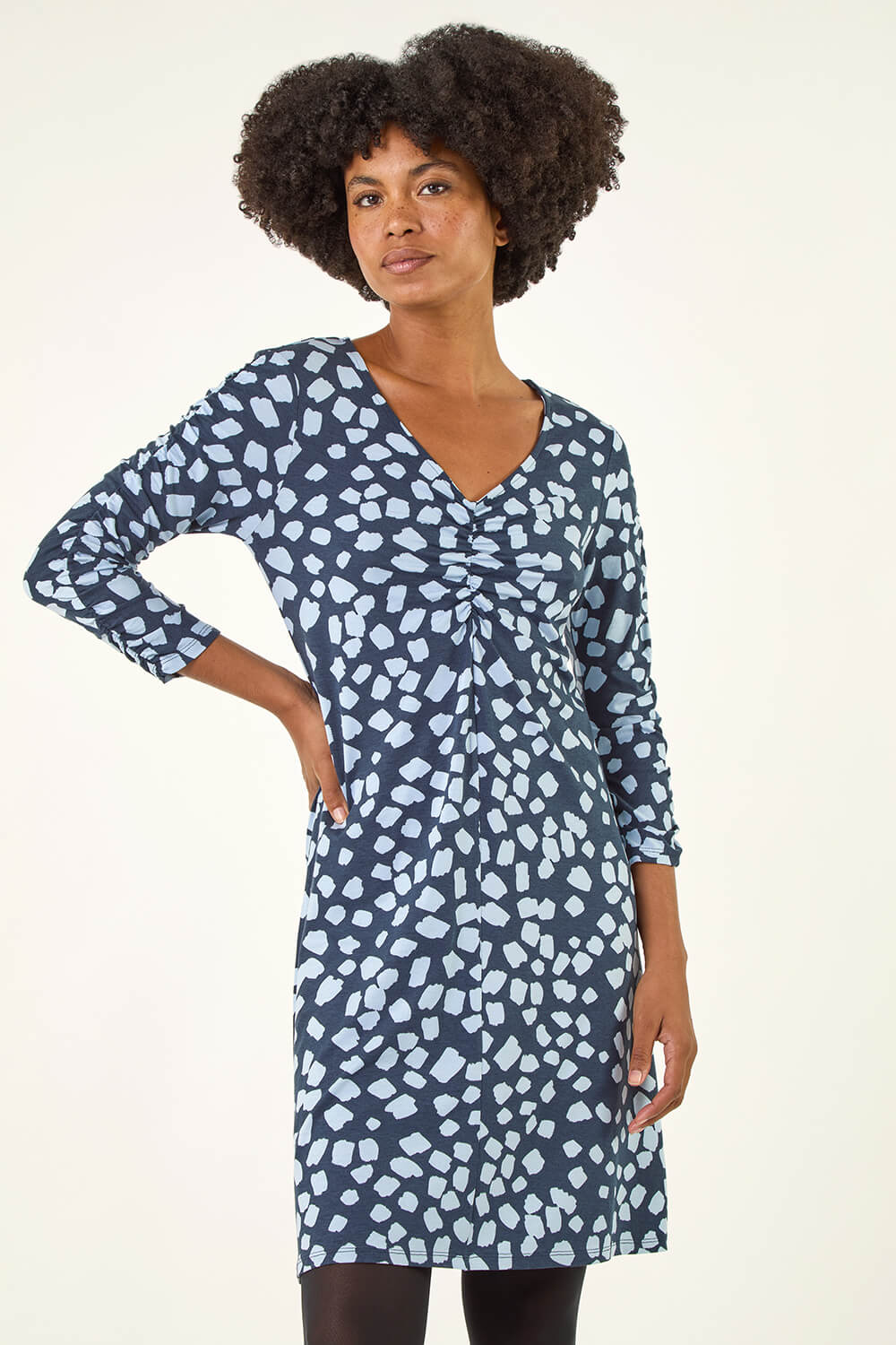 Navy  Geometric Gathered A-Line Dress, Image 5 of 5