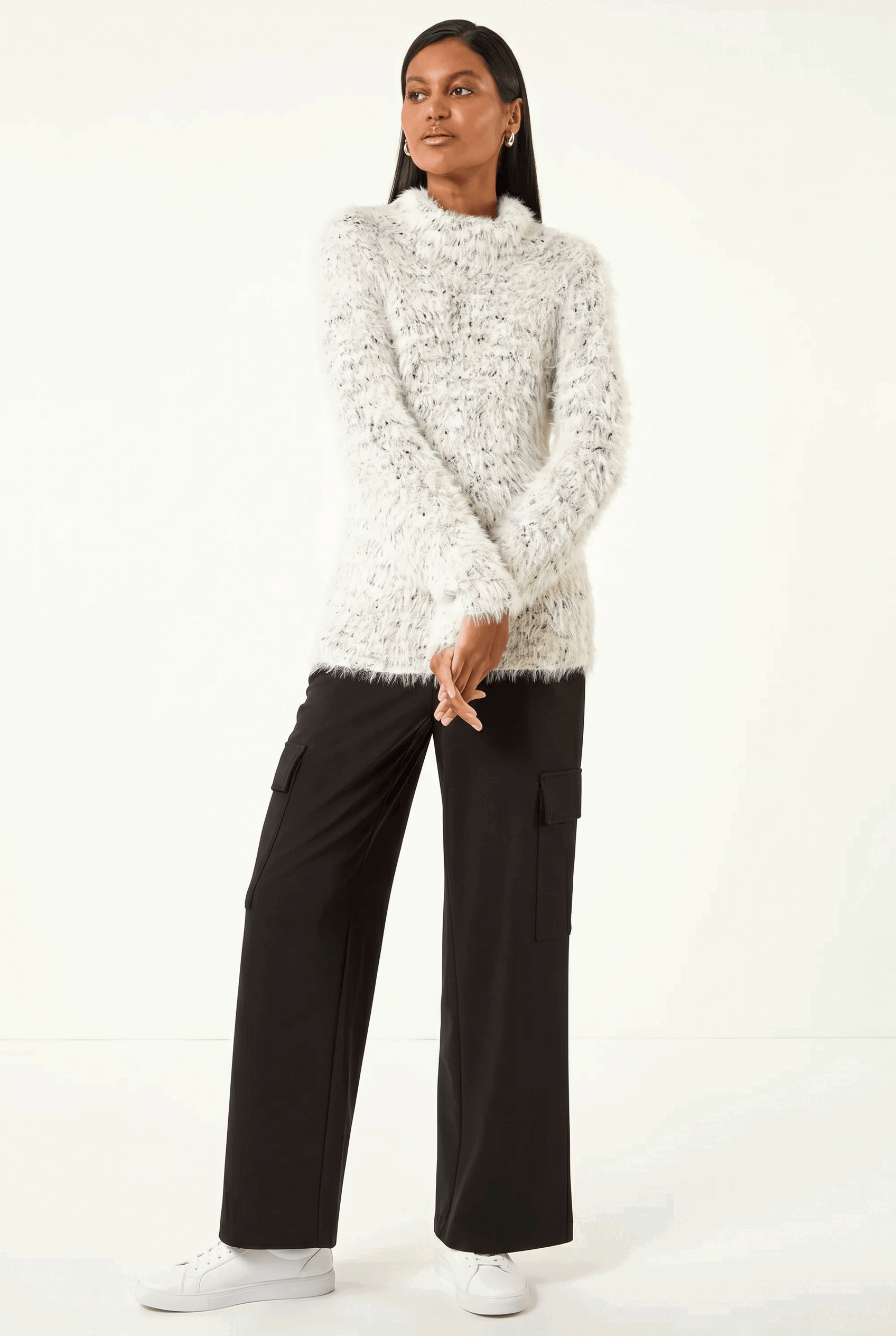Ivory  Fluffy High Neck Knit Jumper, Image 4 of 5