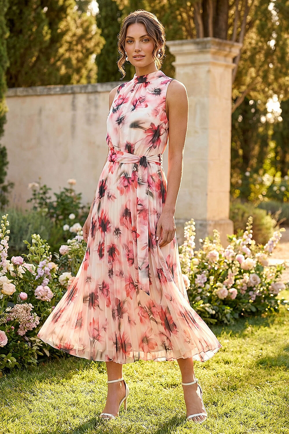 Roman Petite Women's Red Floral Pleated Halter Neck Midi Dress Size 18