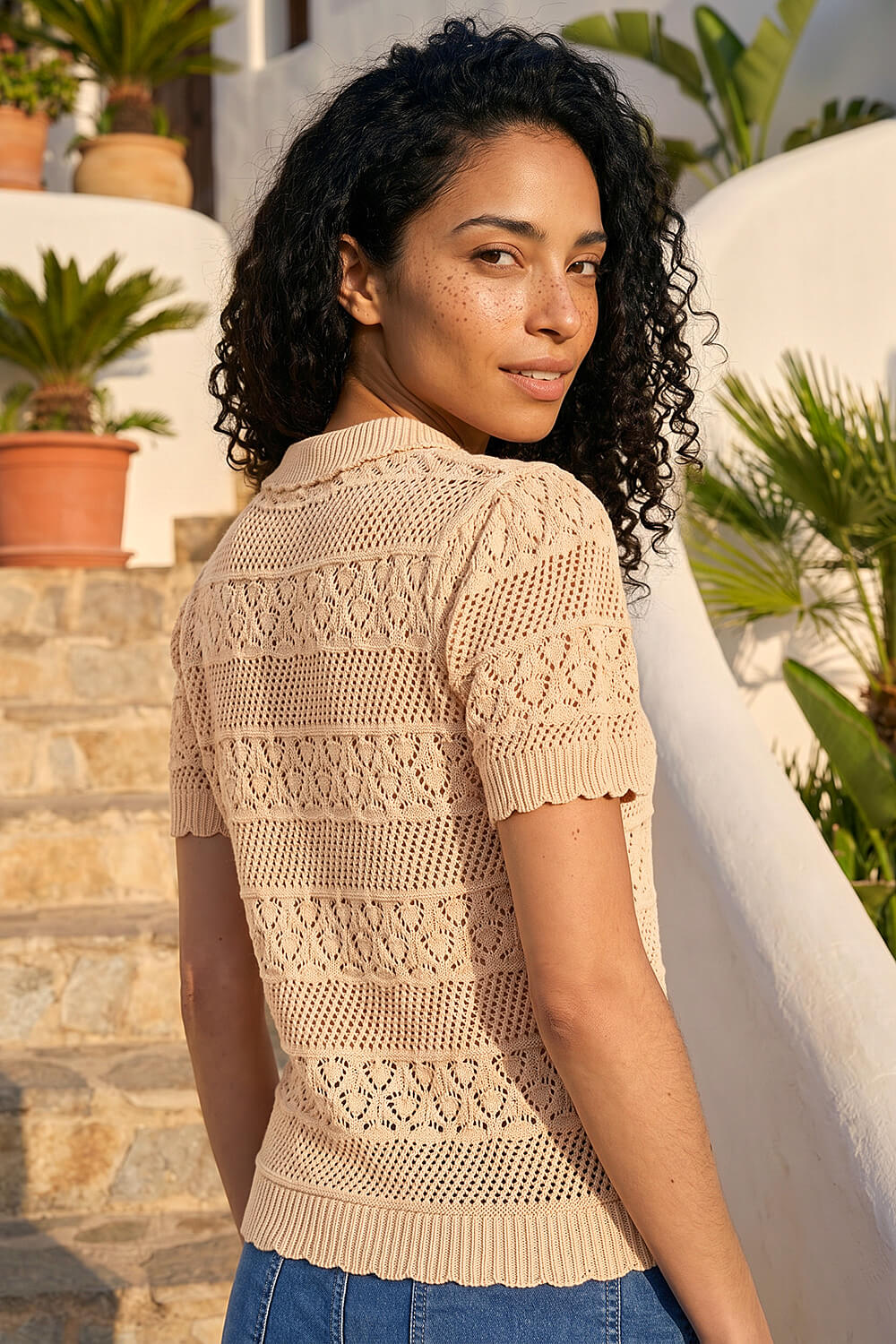 Natural  Pointelle Collar Knit Top, Image 4 of 4